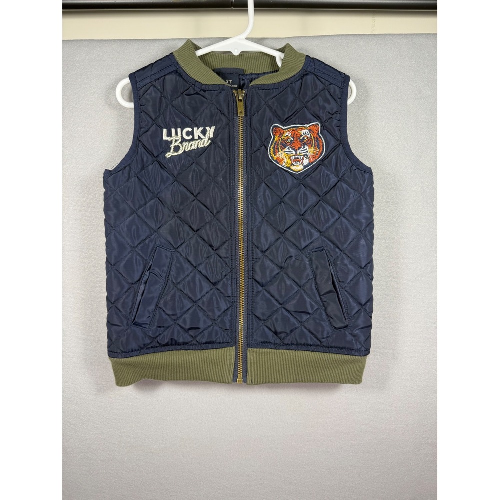 Lucky Brand Boys Navy Blue Quilted Tiger Patch Puffer Vest 3T 42F43006-99